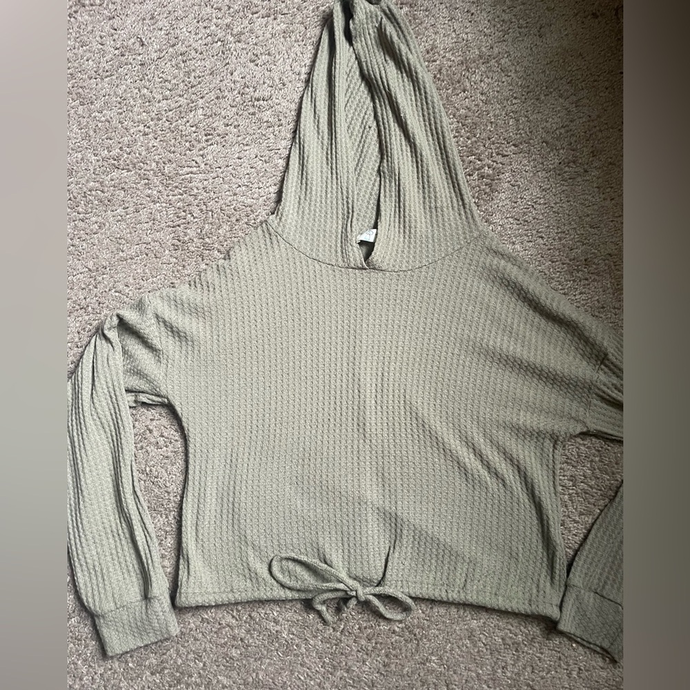 Green waffle knit cropped sweatshirt hoodie